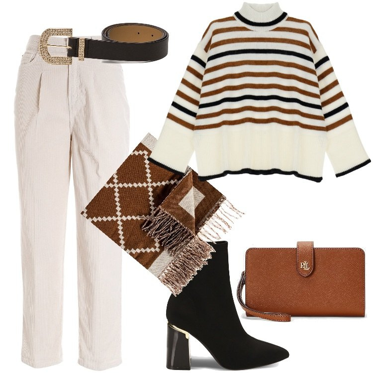 Outfit donna - Un po\' di righe - Novembre. Stile Trendy per Ufficio. Abbinamento con maglieria, sciarpe, pantaloni, stivaletti, pochette, cinture.