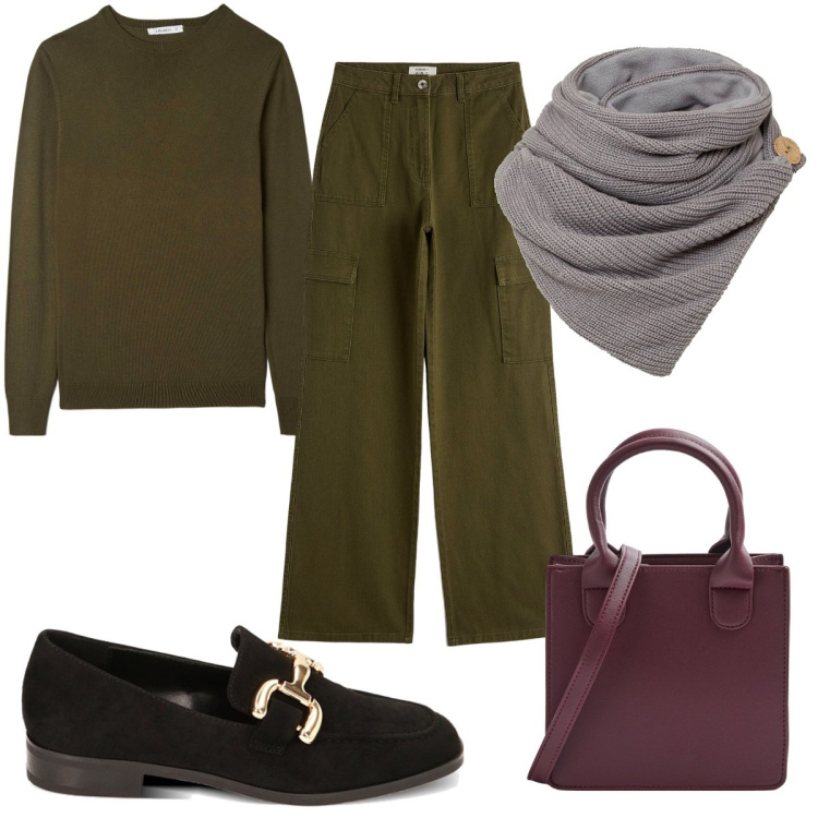 Outfit donna - Primadonna casual chic. Stile Casual chic per Tutti i giorni. Abbinamento con foulard, pantaloni cargo, maglieria, shopping bag, mocassini.