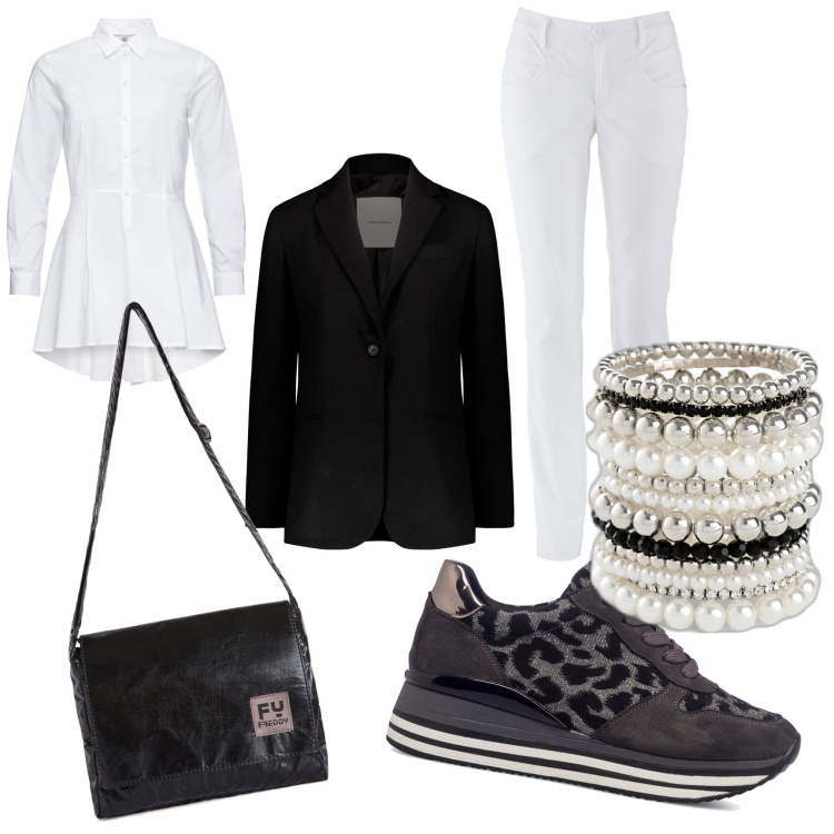 Outfit donna - Total look #1761759. Stile Casual chic per Tutti i giorni. Abbinamento con camicie, pantaloni, braccialetti, borse a tracolla, sneakers, blazer.