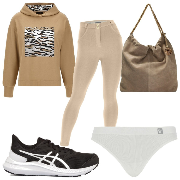 Outfit donna - Freddy Black Friday animalier. Stile Trendy per Sport. Abbinamento con perizomi, felpe con cappuccio, pantaloni skinny, borse a spalla, scarpe sportive.
