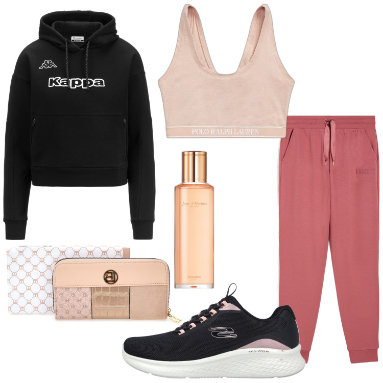 Outfit donna - Total look #1761807. Stile Casual chic per Sport. Abbinamento con profumi, pantaloni, canottiere, sneakers, felpe con cappuccio, portafogli.