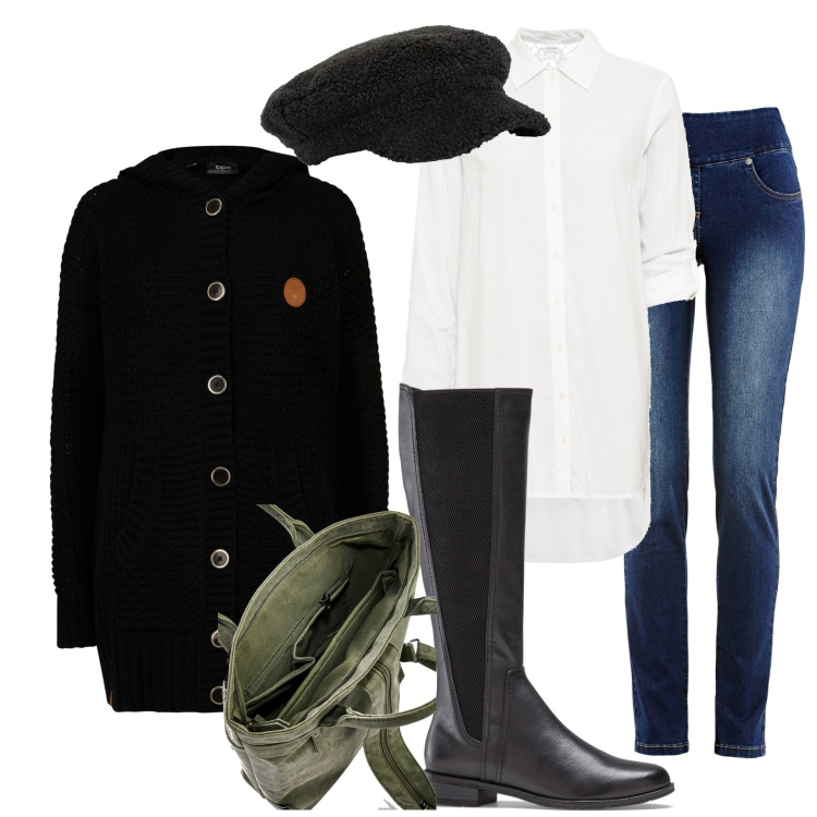 Outfit donna - Bonprix black Friday. Stile Casual per Tutti i giorni. Abbinamento con jeans, cardigans, bluse, stivali sopra il ginocchio, zaini, cappelli con visiera.