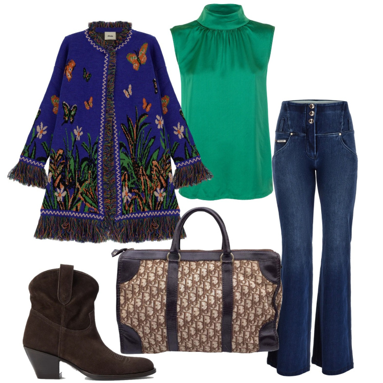 Outfit donna - Cardigan etnico e maxi bag. Stile Etnico per Tutti i giorni. Abbinamento con borse a mano, top, jeans a zampa, stivaletti, cardigans.