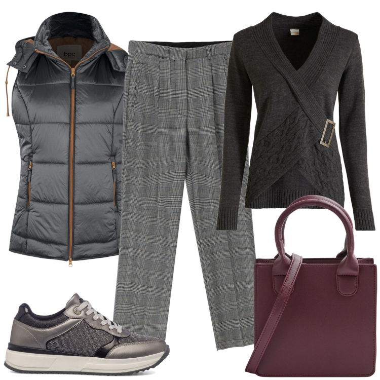 Outfit donna - Il pullover che sfina. Stile Basic per Tutti i giorni. Abbinamento con gilet, pullovers, shopping bag, pantaloni, sneakers.