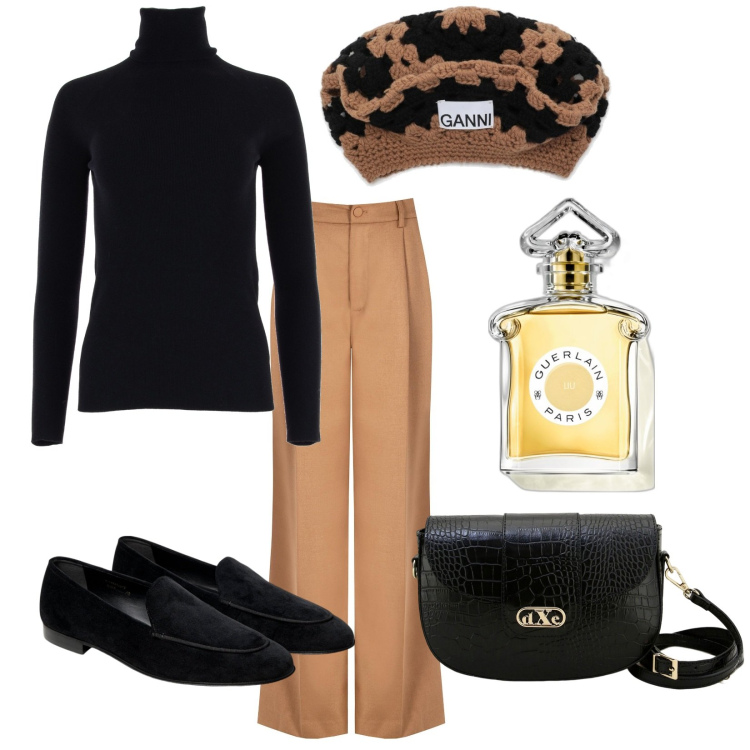Outfit donna - Total look #1761845. Stile Bon Ton per Tutti i giorni. Abbinamento con profumi, pantaloni a palazzo, pochette, cappelli, mocassini, maglieria.