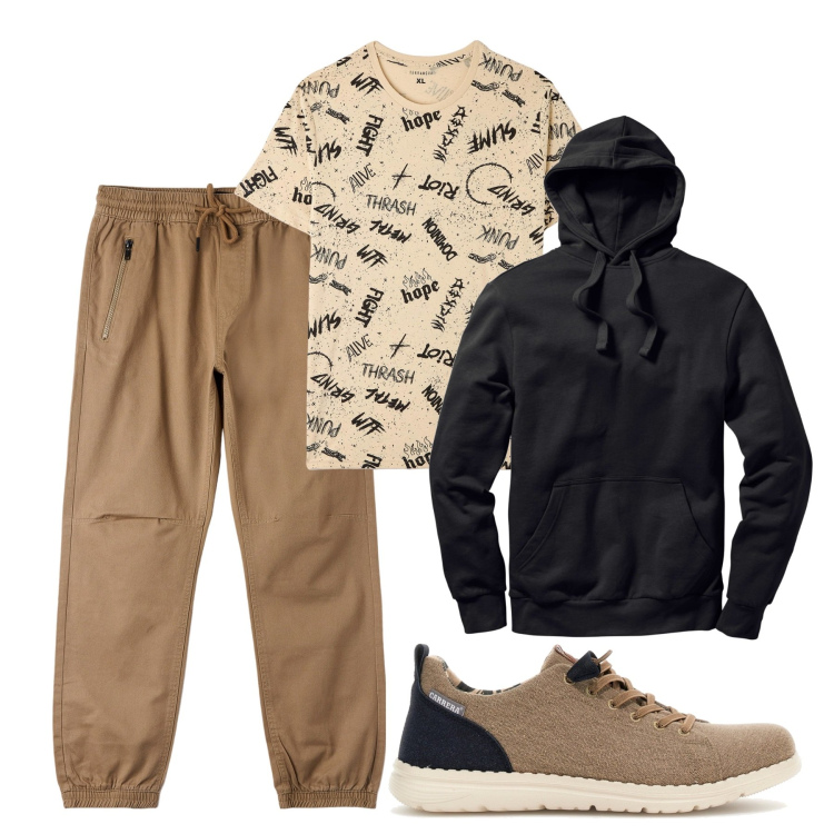 Outfit uomo - In giro. Stile Casual per Tutti i giorni. Abbinamento con felpe con cappuccio, pantaloni, t-shirt, sneakers.