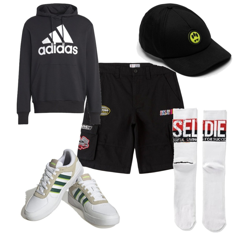 Outfit uomo - Total look #1761882. Stile Trendy per Tutti i giorni. Abbinamento con bermuda, sneakers, felpe con cappuccio, calzini, cappelli con visiera.
