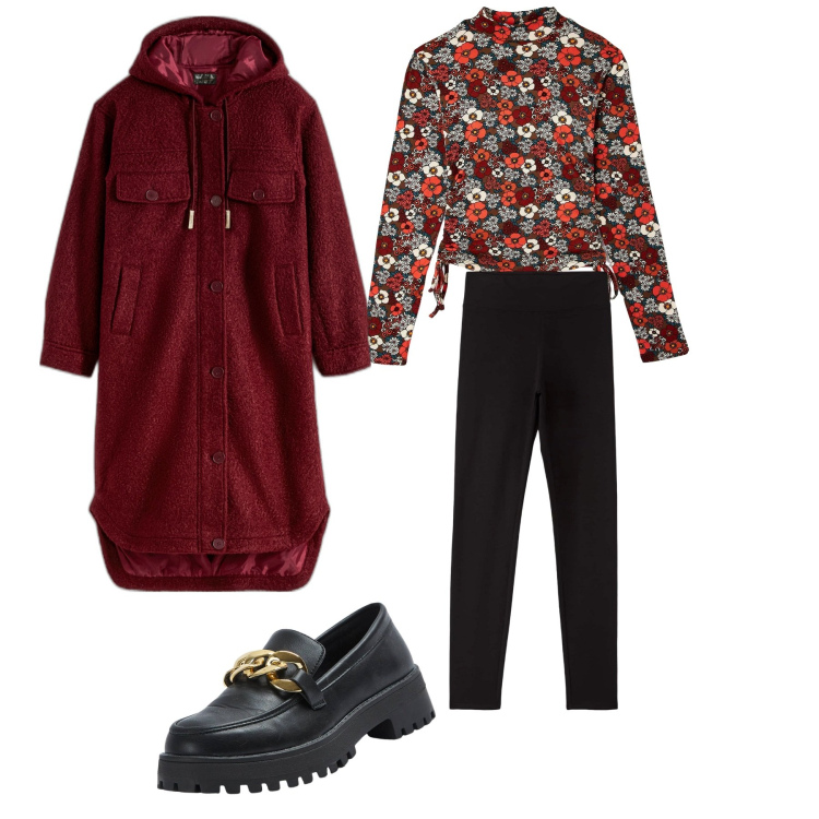 Outfit donna - Semplicità. Stile Casual chic per Tutti i giorni. Abbinamento con cappotti, leggings, t-shirt, mocassini.