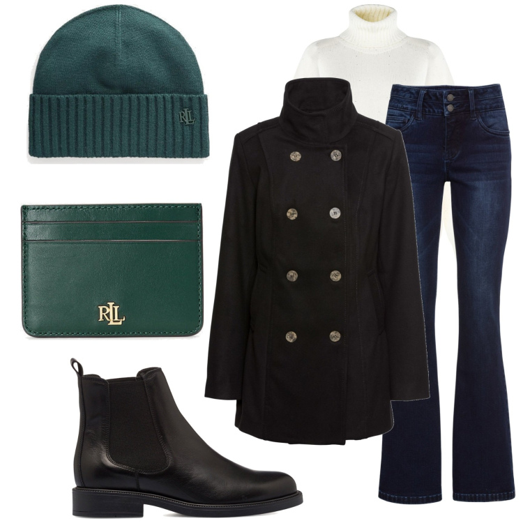 Outfit donna - Black month Bantoa. Stile Casual chic per Tutti i giorni. Abbinamento con jeans bootcut, caban, maglieria, portafogli, berretti, stivaletti.