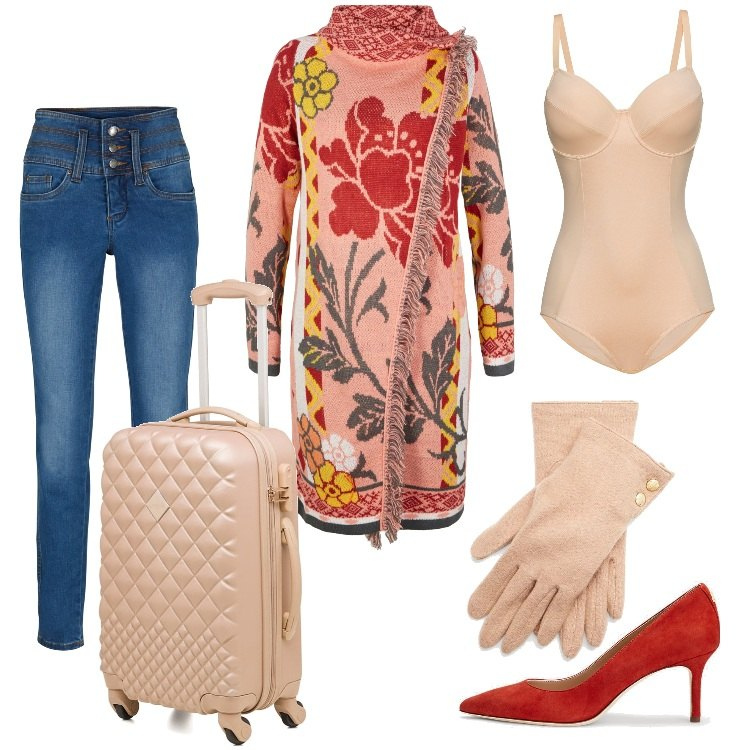 Outfit donna - Pre Black Friday - Novembre. Stile Boho per Serata fuori. Abbinamento con body, jeans, cardigans, décolleté, guanti, valigie.