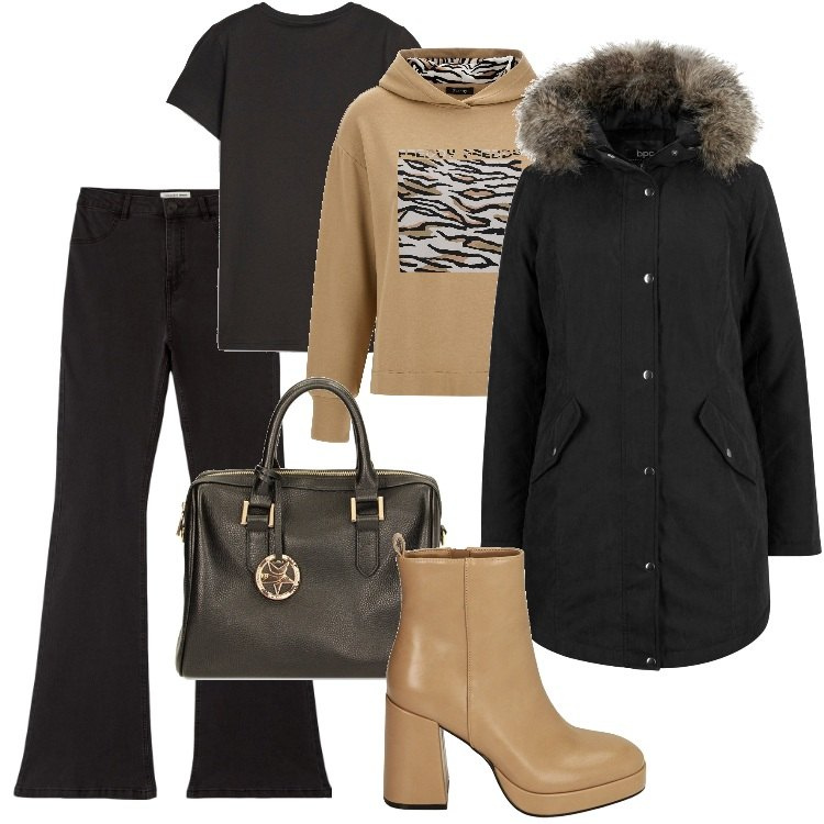 Outfit donna - Pre Black Friday - Novembre. Stile Urban per Ufficio. Abbinamento con parka, jeggings, felpe con cappuccio, borse a mano, stivaletti, t-shirt.