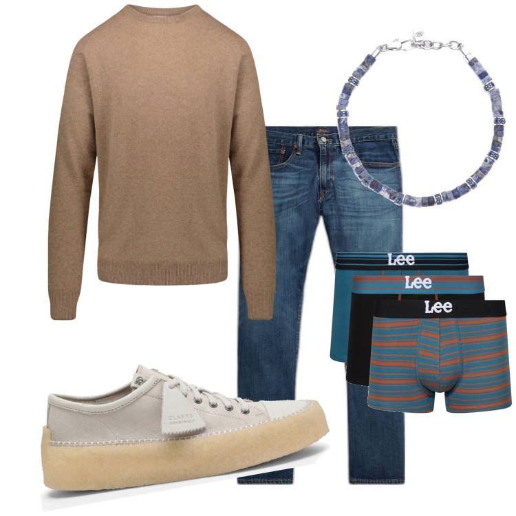 Outfit uomo - Le Clarks. Stile Urban per Tutti i giorni. Abbinamento con braccialetti, jeans dritti, maglieria, boxer, scarpe stringate.