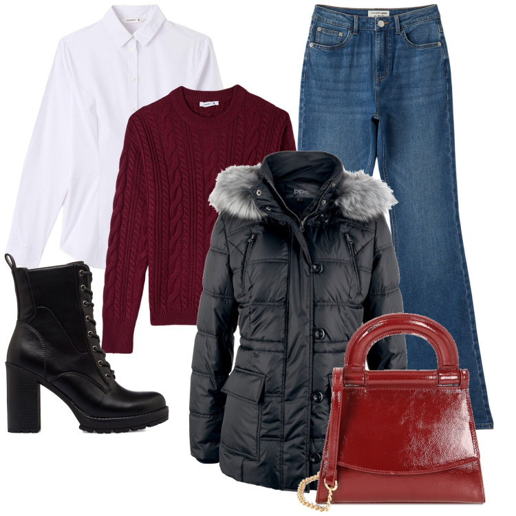Outfit donna - Novembre. Stile Casual per Tutti i giorni. Abbinamento con giacche, jeans a zampa, maglieria, camicie, borse a mano, anfibi.