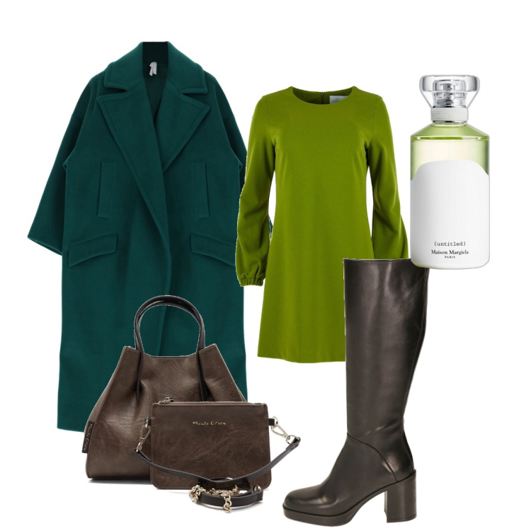 Outfit donna - Cappotto verde scuro. Stile Trendy per Tutti i giorni. look ideale per Tall. Abbinamento con profumi, cappotti, stivali sopra il ginocchio, vestiti midi/longuette, borse a mano.