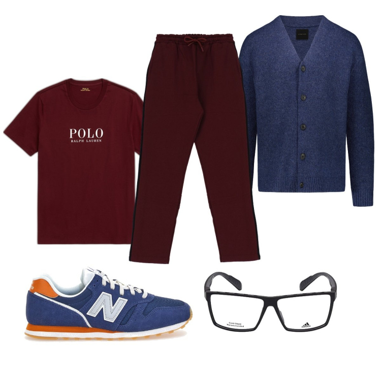 Outfit uomo - Professore in classe. Stile Trendy per Tutti i giorni. Abbinamento con pantaloni, t-shirt, cardigans, sneakers, occhiali da sole.