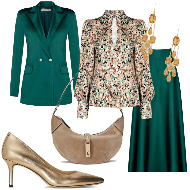 Outfit donna - Invito. Stile Chic per Serata fuori. Abbinamento con gonne lunghe, bluse, blazer, borse a spalla, décolleté, orecchini.