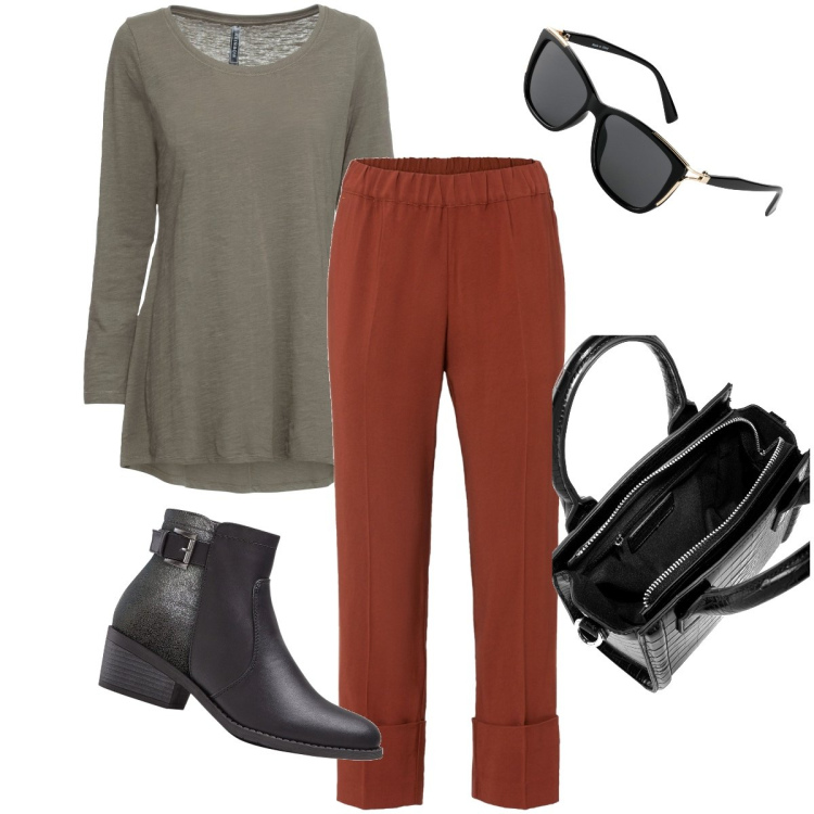 Outfit donna - Abbigliamento comodo. Stile Basic per Tutti i giorni. Abbinamento con maglieria, pantaloni capri, stivaletti, borse a mano, occhiali da sole.