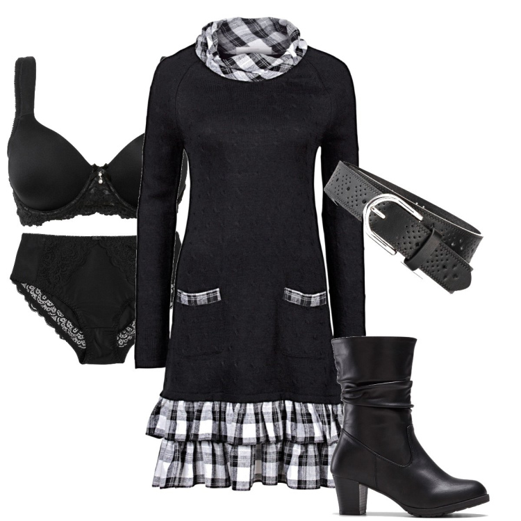 Outfit donna - Ruches scozzesi. Stile Preppy per Serata fuori. Abbinamento con reggiseni, vestiti lunghi, stivali sopra il ginocchio, slip, cinture.