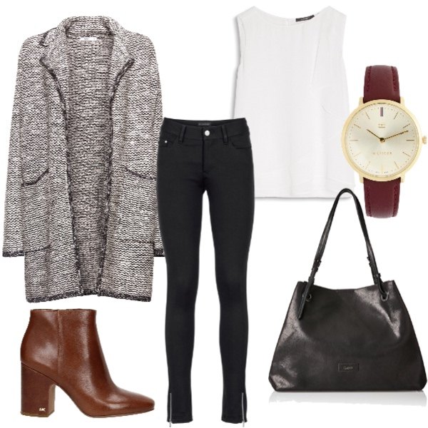 Outfit donna - Total look #176201. per Tutti i giorni. Abbinamento con pantaloni, orologio con cinturino, stivaletti marrone, cardigan nero, shopping bag nero, camicia bianco.