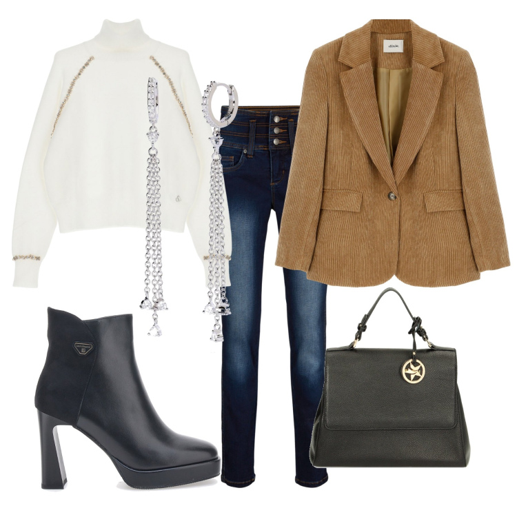 Outfit donna - È arrivato il freddo. Stile Casual per Tutti i giorni. Abbinamento con jeans, orecchini, borse a mano, maglieria, cappotti, stivaletti.