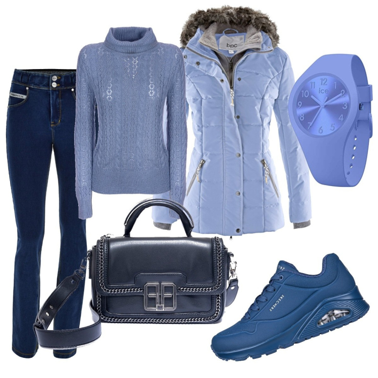 Outfit donna - Giacca imbottita blu perla. Stile Sporty chic per Tutti i giorni. Abbinamento con piumini, maglieria, borse a spalla, jeans slim fit, sneakers, orologi.