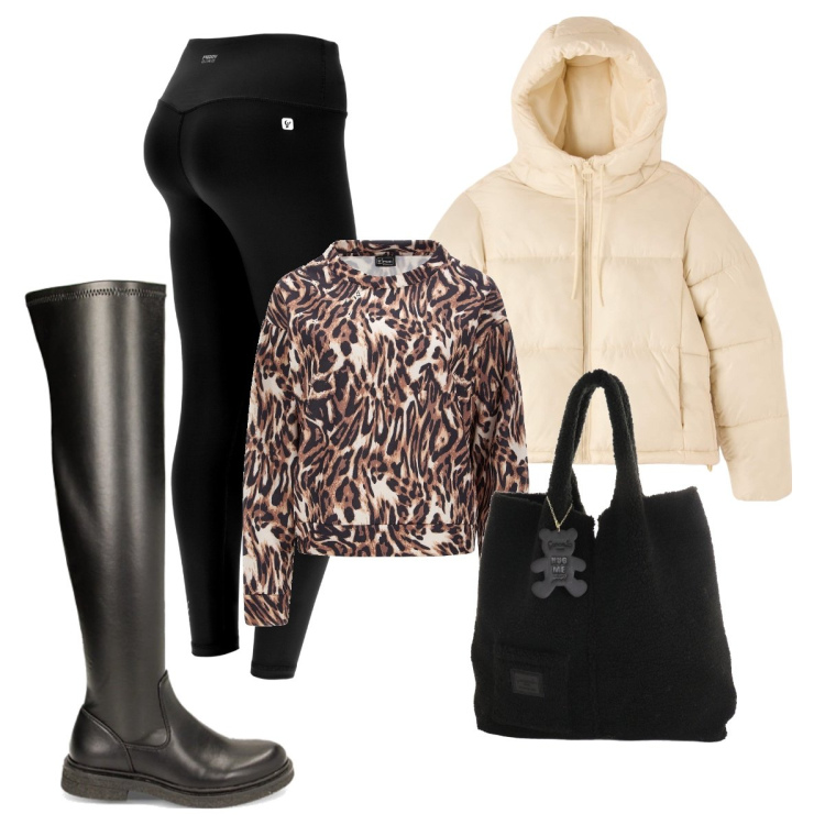 Outfit donna - Stivali neri comodi. Stile Sporty chic per Tutti i giorni. look ideale per Tall. Abbinamento con piumini, leggings sportivo, felpe, stivali sopra il ginocchio, shopping bag.