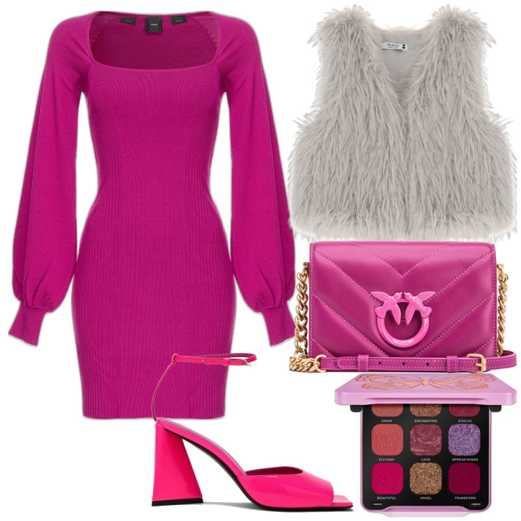 Outfit donna - Serata. Stile Chic per Serata fuori. Abbinamento con ombretti, vestiti corti, borse a tracolla, gilet, scarpe col tacco.