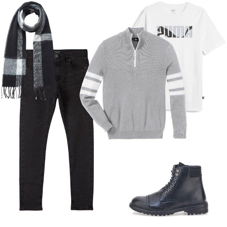 Outfit uomo - Pre Black Friday - Novembre. Stile Urban per Tutti i giorni. Abbinamento con t-shirt sportive, jeans skinny, sciarpe, t-shirt, anfibi.