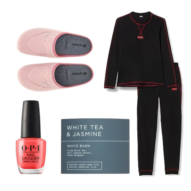 Outfit donna - E poi a dormire. Stile Casual per Tutti i giorni. Abbinamento con smalti, profumi, pigiama, pantofole.