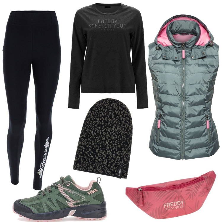 Outfit donna - Jogging al parco. Stile Casual per Sport. Abbinamento con gilet, leggings, berretti, felpe sportive, marsupi, sneakers.