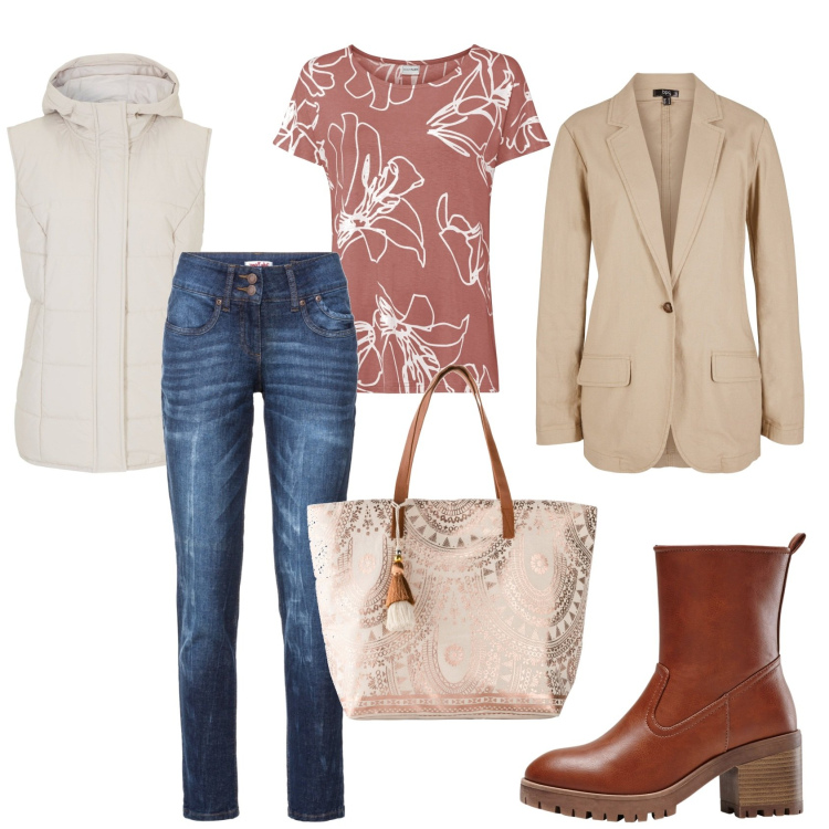Outfit donna - Aperitivo con amici dopo il lavoro. Stile Sporty chic per Tutti i giorni. Abbinamento con stivaletti, blazer, jeans mom, maglieria, gilet, shopping bag.