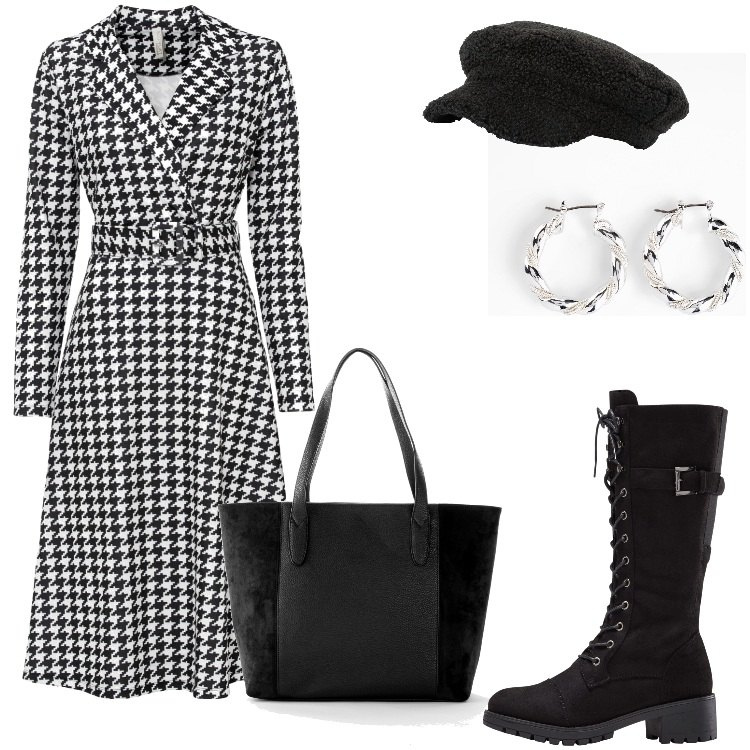 Outfit donna - Pre Black Friday - Novembre. Stile Trendy per Ufficio. Abbinamento con stivali, orecchini, vestiti, shopping bag, cappelli con visiera.