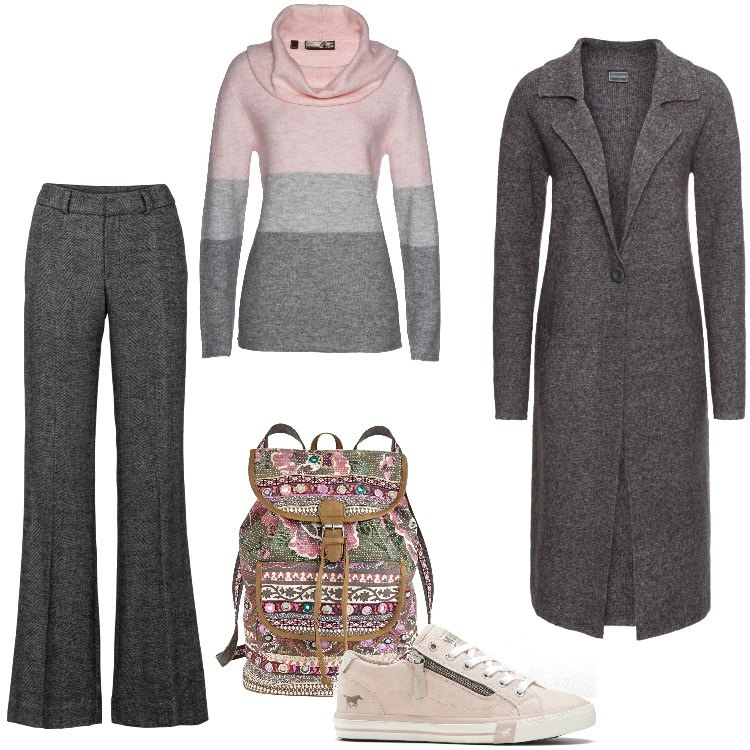 Outfit donna - Pre Black Friday - Novembre. Stile Trendy per Ufficio. Abbinamento con pantaloni a palazzo, maglieria, cappotti, zaini, sneakers.