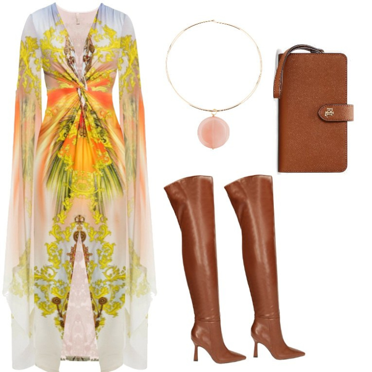 Outfit donna - Bohemien a novembre. Stile Boho per Serata fuori. Abbinamento con vestiti lunghi, collane, stivali, pochette.