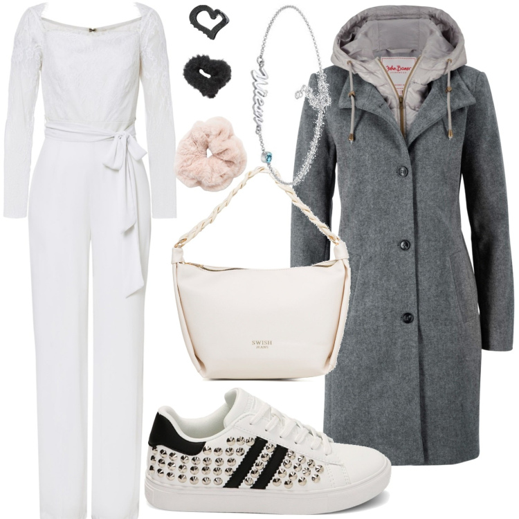 Outfit donna - jumpsuit casual. Stile Casual per Tutti i giorni. Abbinamento con cappotti, tute, accessori per capelli, sneakers, borse a mano, braccialetti.