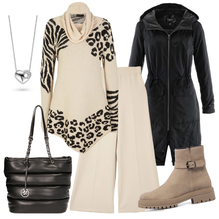 Outfit donna - Borsa piumino. Stile Minimal per Tutti i giorni. Abbinamento con blazer, maglieria, pantaloni, borse a spalla, stivaletti, collane.