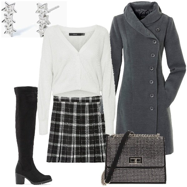 Outfit donna - Freddo, ma con stile. Stile Casual chic per Tutti i giorni. Abbinamento con cappotti, stivali sopra il ginocchio, minigonne, orecchini, borse a tracolla, cardigans.