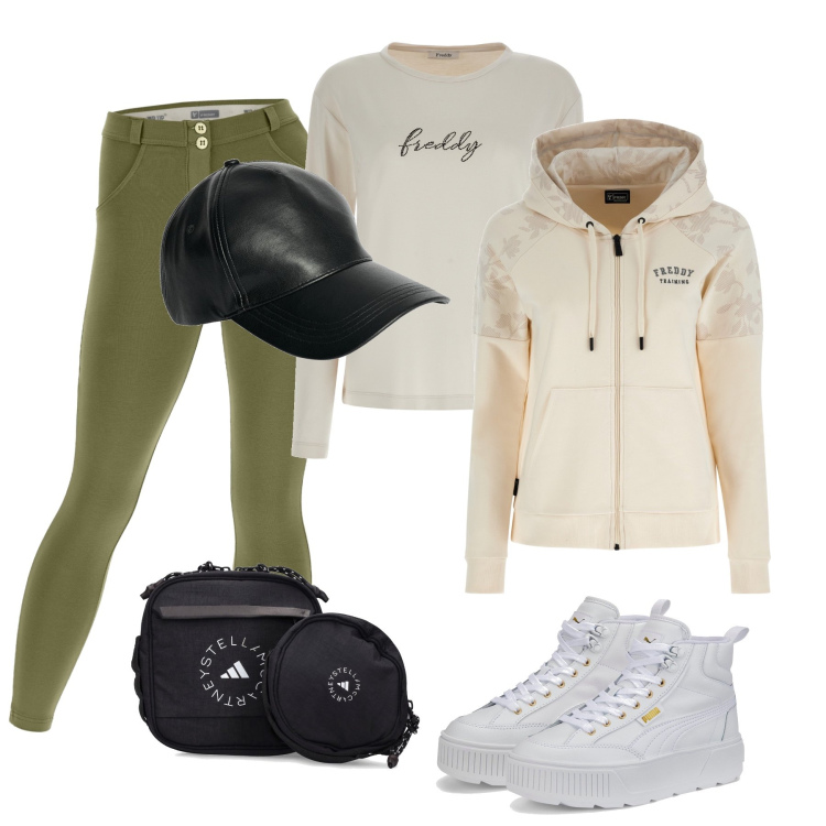Outfit donna - Black month Bantoa. Stile Sporty chic per Scuola/Università. Abbinamento con pantaloni skinny, felpe con cappuccio, t-shirt, sneakers alte, marsupi, cappelli.