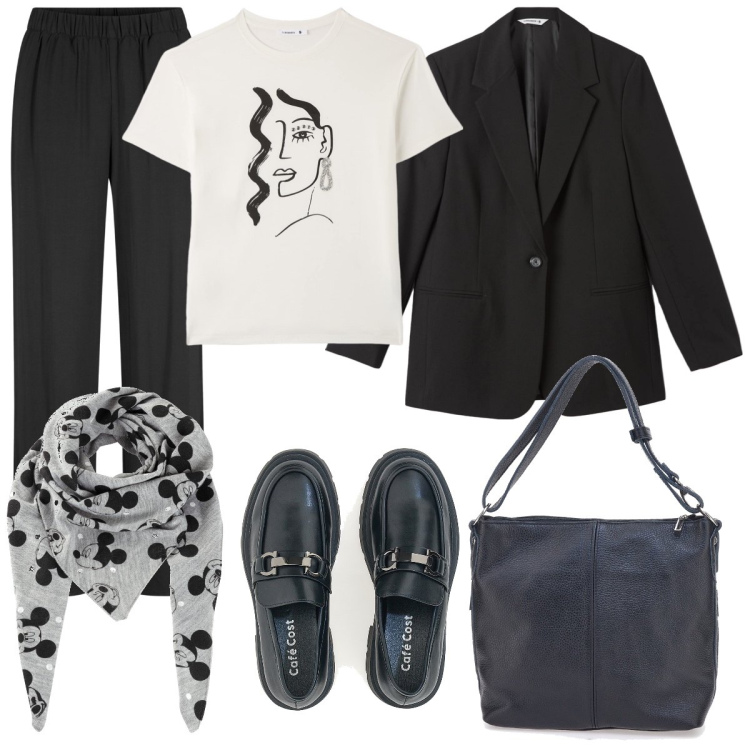 Outfit donna - Bianco grigio e nero. Stile Casual per Tutti i giorni. Abbinamento con pantaloni, foulard, t-shirt, blazer, mocassini, borse a tracolla.