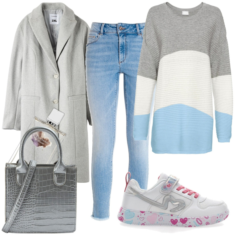 Outfit donna - Total look #1762235. Stile Basic per Tutti i giorni. Abbinamento con maglieria, profumi, shopping bag, cappotti, jeans skinny, scarpe sportive.