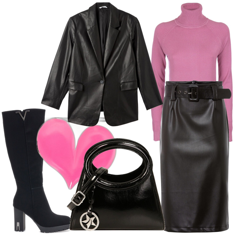 Outfit donna - Un cuore rosa. Stile Casual chic per Serata fuori. Abbinamento con gonne longuette, profumi, blazer, maglieria, borse a spalla, stivali sopra il ginocchio.