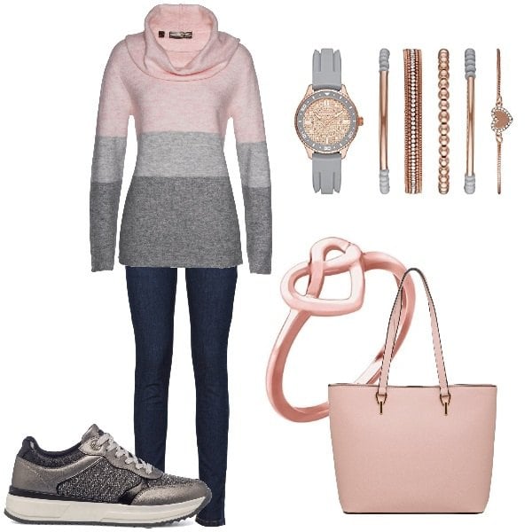 Outfit donna - Inverno Rosa. Stile Sporty chic per Tutti i giorni. Abbinamento con maglieria, jeans skinny, sneakers, borse a spalla, orologi, anelli.