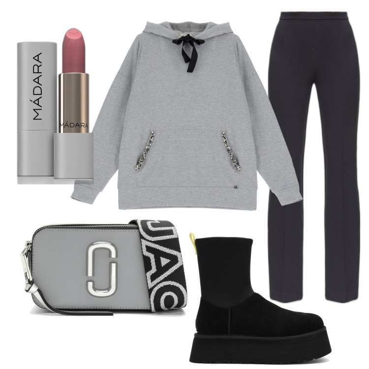 Outfit donna - Total look #1762272. Stile Trendy per Tutti i giorni. Abbinamento con rossetti, pantaloni, felpe con cappuccio, stivaletti, borse a tracolla.