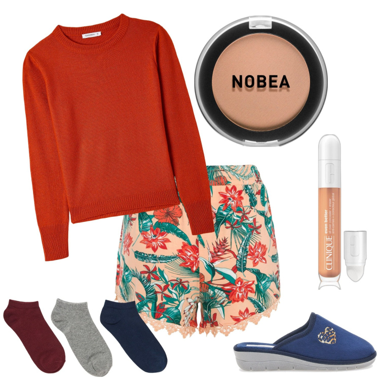 Outfit donna - Lavoro da casa. Stile Basic per Tutti i giorni. Abbinamento con shorts, correttori, ombretti, calzini, maglieria, pantofole.