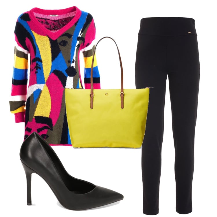 Outfit donna - Dipinto. Stile Glamour per Tutti i giorni. Abbinamento con maglieria, leggings, décolleté, borse tote.