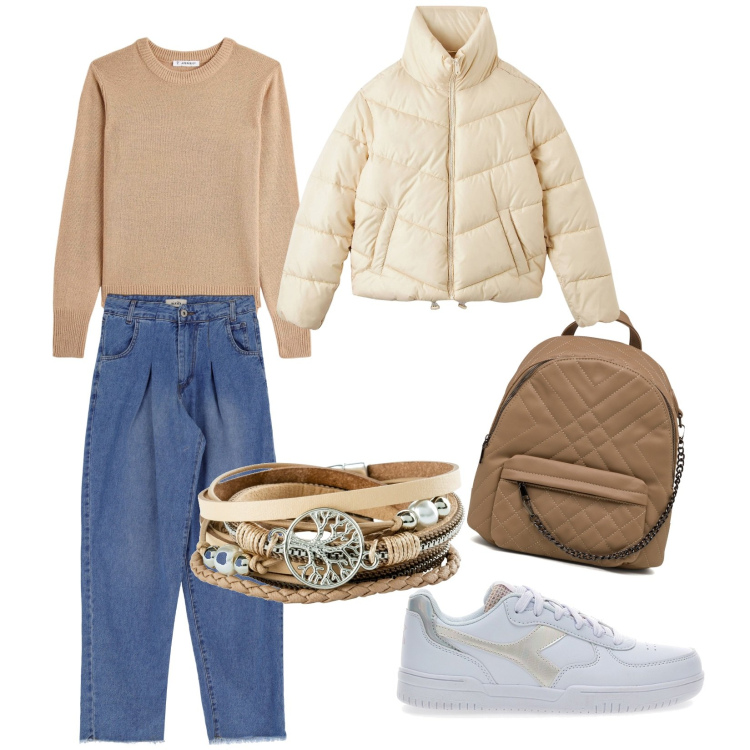Outfit donna - Tempo libero. Stile Basic per Scuola/Università. look ideale per Petite. Abbinamento con braccialetti, piumini, maglieria, jeans, zaini, sneakers.