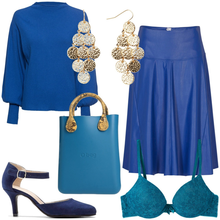 Outfit donna - Festa tra amici. Stile Casual chic per Serata fuori. Abbinamento con maglieria, décolleté, gonne longuette, orecchini, borse a mano, reggiseni.
