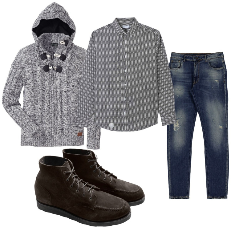 Outfit uomo - Total look #1762484. Stile Casual per Tutti i giorni. Abbinamento con maglieria, camicie, jeans slim fit, stivali e stivaletti.