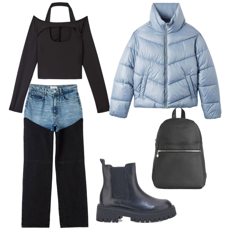Outfit donna - Sportiva. Stile Sporty chic per Tutti i giorni. Abbinamento con jeans dritti, piumini, t-shirt, zaini, stivaletti.