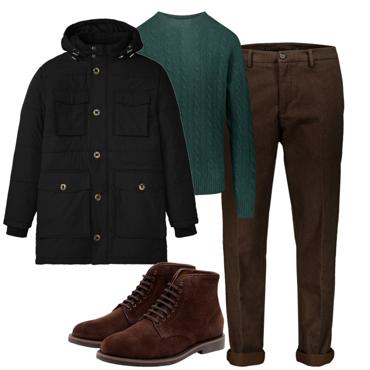 Outfit uomo - City. Stile Casual per Tutti i giorni. Abbinamento con parka, stivali, pantaloni, maglieria.